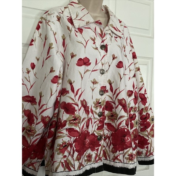 Liz Baker Woman Jacket Red Tan Floral Lined Size 2X Large Button Front C… - Picture 2 of 9